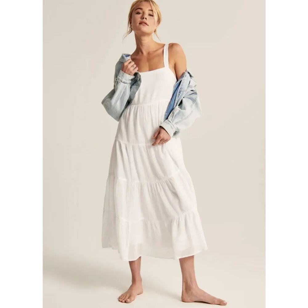 Abercrombie & Fitch White Tiered Midi Dress